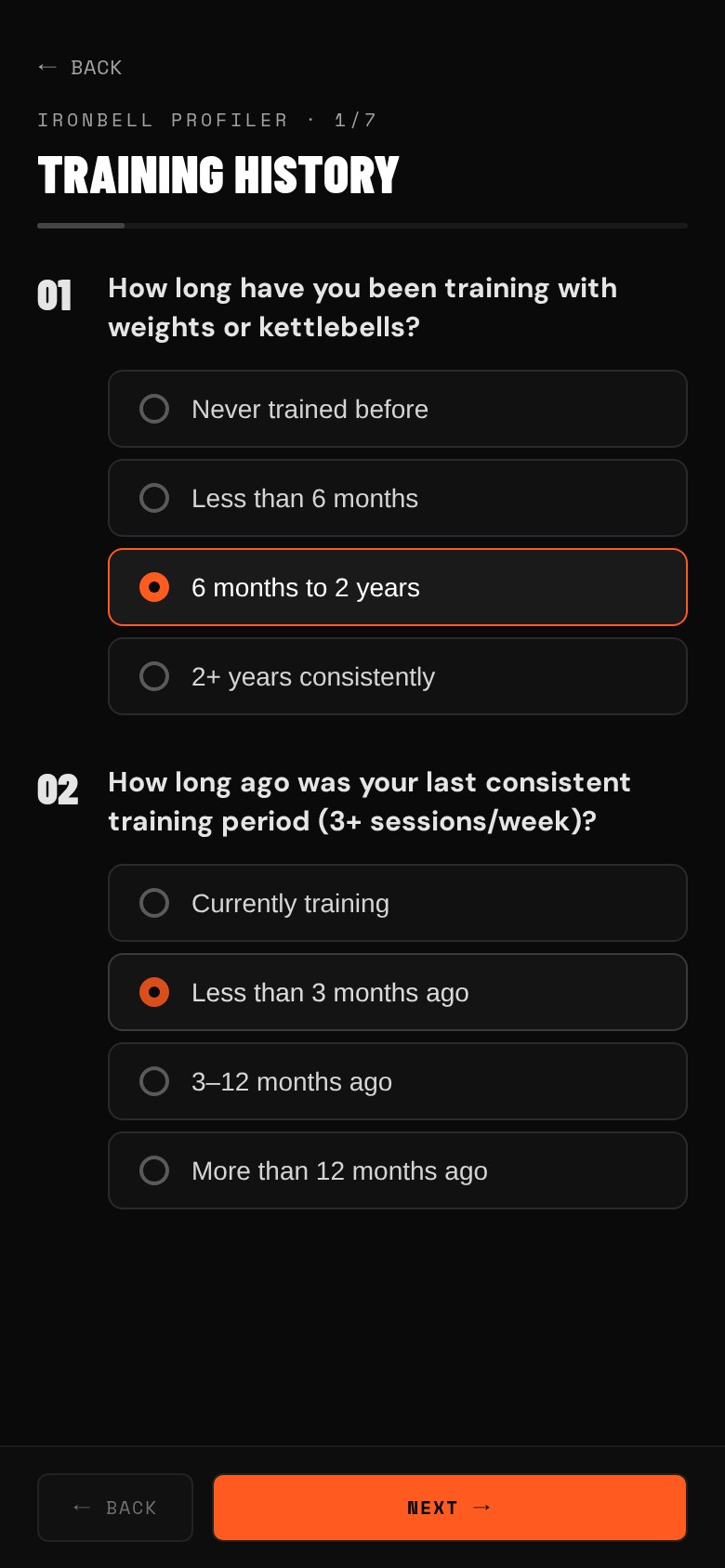 Assessment screen of the IRONBELL app